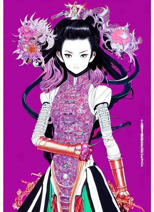 Prompt: genshin impact highly detailed terada katsuya artgerm artstation minaba hideo manga poster of princess mechine, long hair, armor, dress, laces, ruffles, 8 k, fluorescent, maximalist, jump comics, tomer hanuka,