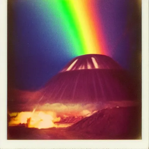 Image similar to polaroid photo of colorful rainbow over the nuclear explosion