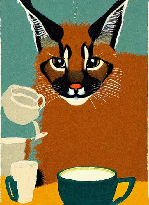 Image similar to an extreme close - up portrait of a cute fluffy caracal drinking tea, samovar, by billy childish, thick visible brush strokes, shadowy landscape painting in the background by beal gifford, vintage postcard illustration, minimalist cover art by mitchell hooks