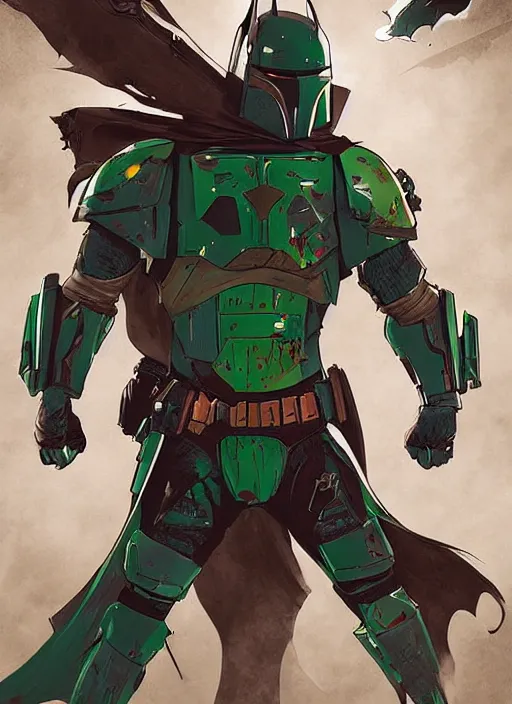 Image similar to batman x boba fett, digital art, character mashup, epic lighting, combination art