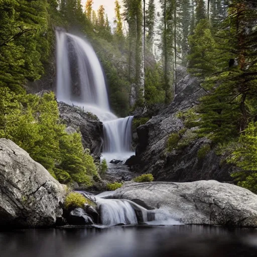 Image similar to walking into a very tall majestic Norwegian waterfall::2 creek, rocks, trout fish, pine and birch trees::1.8 realistic vegetation, realistic material textures, sunny, photorealistic, high speed photography, highly detailed, cinematic lighting, god rays, raytracing reflections, vray render, first person view