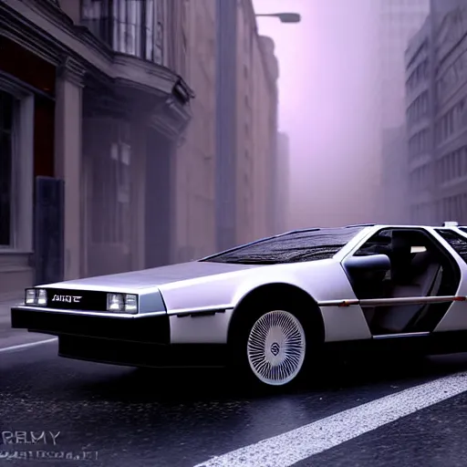 Image similar to hyperdetailed, photorealistic photograph of a dmc 1 2 delorean driving in the streets, rain, night, dense fog, hd, unreal engine 5 by greg rutowski, by stanley artgerm, by alphonse mucha