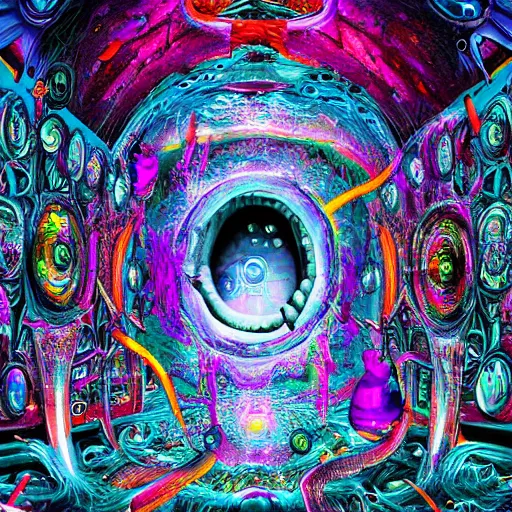 Prompt: portal into a psychotic and unstable dimension, vivid, hyper detailed, chaotic, bizarre, insane, digital art,