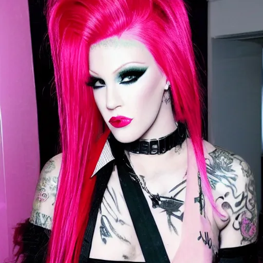 Prompt: photo of jeffree star in the 2 0 0 0 s with pink red hair holding makeup