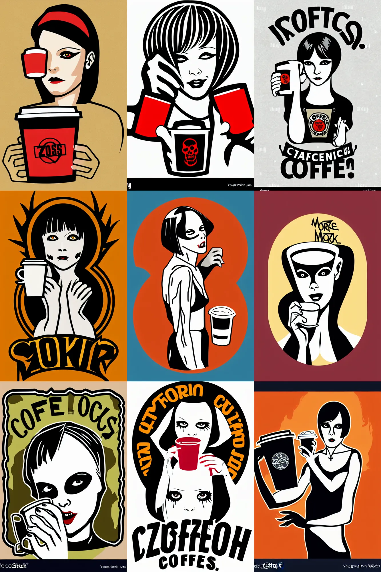 Prompt: patch logo design, vector, mary louise brooks as a zombie holding coffee cup, ross tan