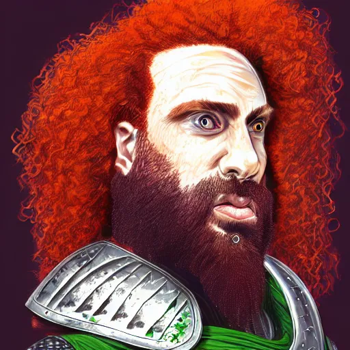 Image similar to portrait of a red haired dwarf - long curly hair, full beard, scar on the forehead, wearing leather armor with green accents, battleaxe on his back, digital art, highly detailed, intricate, sharp focus