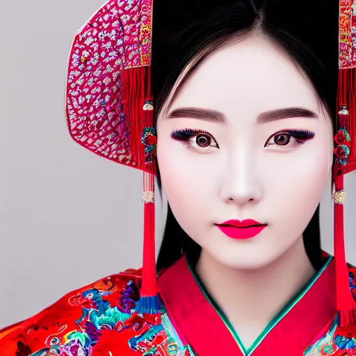 Image similar to photo portrait of chinese beauty in traditional costume, colorful, sharpen, 4k, 85mm, award winning