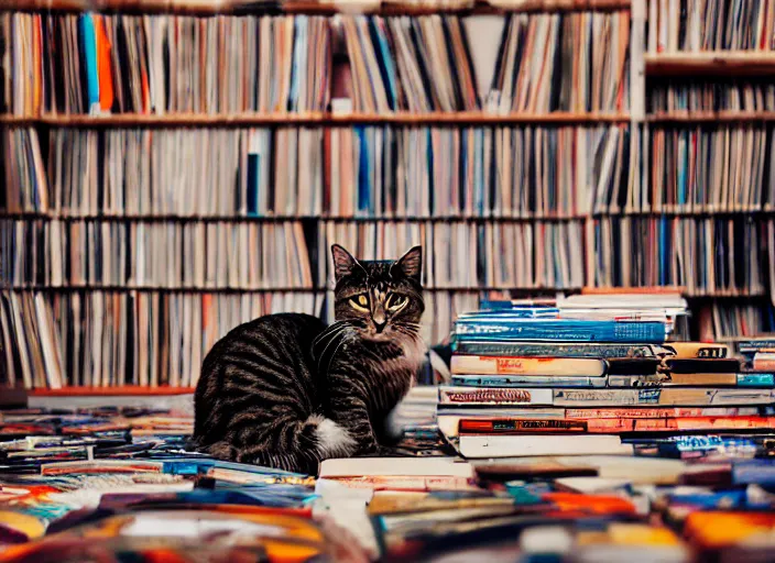 Image similar to photography of a Cat sitting on a pile of books and vinyls. a record player is in the shot. in a room full of vinyls and posters out of the 70's, photorealistic, raining award winning photo, 100mm, sharp, high res