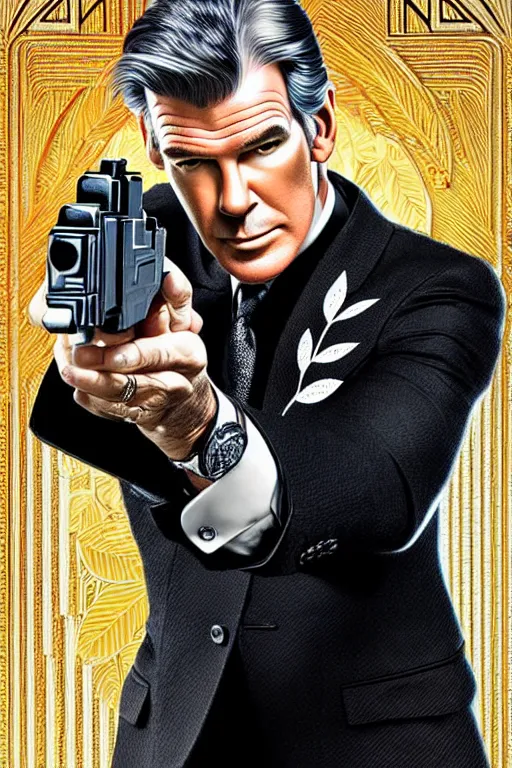 Image similar to Pierce Brosnan as James Bond holding highly detailed Glock pistol, art deco, cinematic intricate art deco leaf designs, elegant, , sharp focus, art by Artgerm and beeple and WLOP
