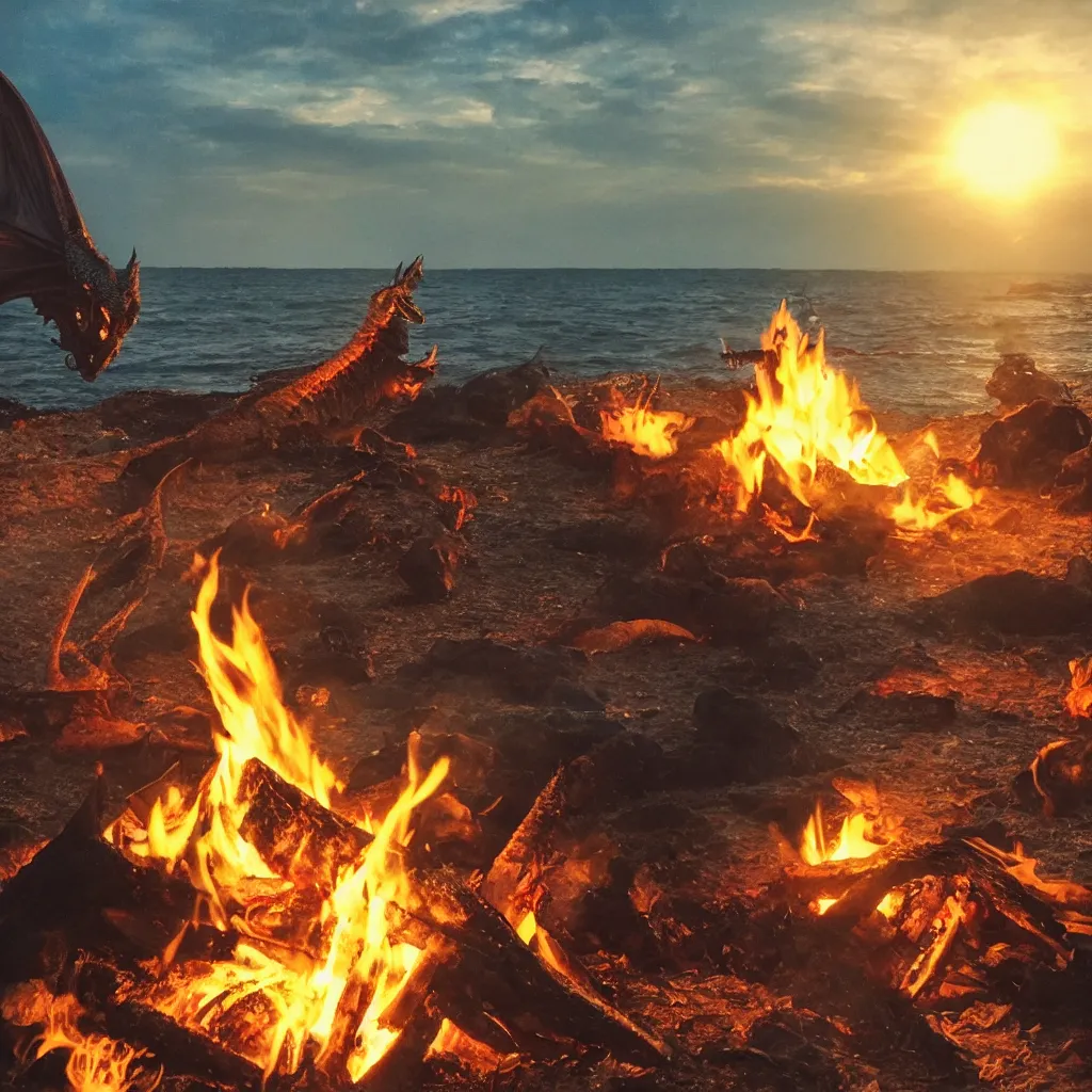 Image similar to a campfire, a dragon flying at background, dragon\'s eyes shining red/yellow seen by far at sky, people talking with each other, sun setting, and sea waves is slow