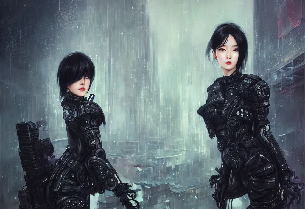 Prompt: portrait dilireba + black hair of futuristic female police, black armored uniform, at rooftop futuristic colorpunk tokyo rainy night, ssci - fi and fantasy, intricate and very very very beautiful, highly detailed, digital painting, artstation, concept art, smooth and sharp focus, illustration, art by tian zi and wlop and alphonse mucha