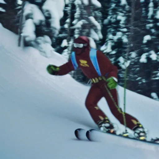 Image similar to Action photograph of Bigfoot skiing in rad 1990s gear, motion blur, Flash photography