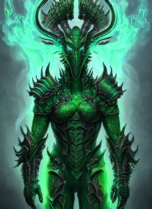 Image similar to muscular and tall green ghostly fire humanoid dragon!!!! draconian!! intricate ornate iridescent heavy armor!! character concept art, sharp focus, octane render! unreal engine 5! highly rendered!! trending on artstation!! detailed linework!! illustration by artgerm, wlop, and chie yoshii