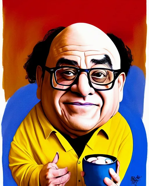 Image similar to painting portrait of danny devito as an egg, cartoon, warm lighting, danny devito has an egg body, movie poster, illustration by bartek fedyczak, erak note, tooth wu, neil richards, kan liu, siwoo kim, jisu choe, trending on art station