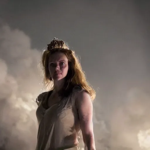 Image similar to bree williamson as the goddess of war. movie still. sinister atmospheric lighting. highly detailed, ground mist