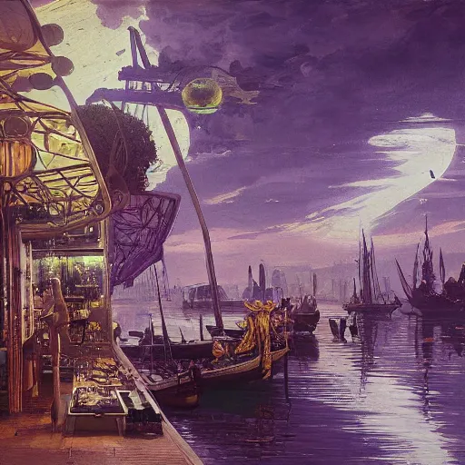 Image similar to detailed painting of syd mead artlilery scifi organic shaped shop with ornate metal work lands on a body of water, fossil ornaments, volumetric lights, purple sun, andreas achenbach