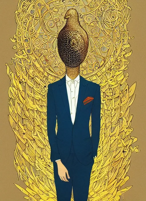 Prompt: beautiful painting of a mystical man in a suit with a golden bird cage as a head, in the style of james jean and ross draws and victo ngai and sam spratt, mystical colors, trending on artstation