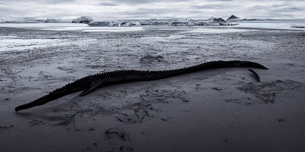 Prompt: of a plesiosaur skeleton on jokulsarlon beach, octane render, cinematic, wide angle, dramatic lighting, hyperrealistic, frozen ocean, black sand