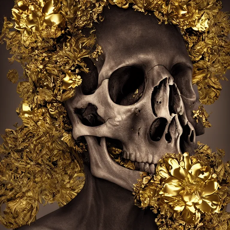 Image similar to A beautiful oil painting hyperrealism of a decayed black head, rotting black clay skin, skull bones, close up, gold flowers, gold floral headdress, 8k resolution, octane render, Trending on artstation, by Gediminas Pranckevicius, volumetric light 2blue fractal Thunder glow by dan mumford, anaglyph effect, Laurie Lipton