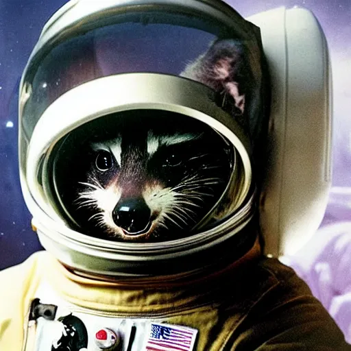 Image similar to realistic photo by annie liebovitz of a raccoon dressed as an astronaut wearing a space helmet, low contrast