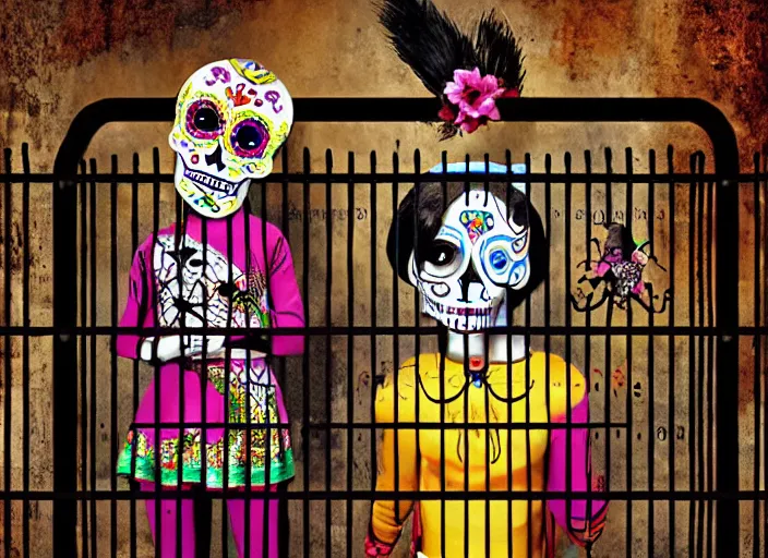 Prompt: a child wearing dia de los muertos costume in a cage, behind bars, whispers secrets to her alejbrie animal spirit. sharpe matte painting, lowbrow, pop surrealism art, neo expressionism, nouveau realisme decollage, contemporary art illustration, oaxacan alebrijes, photography by steven curry