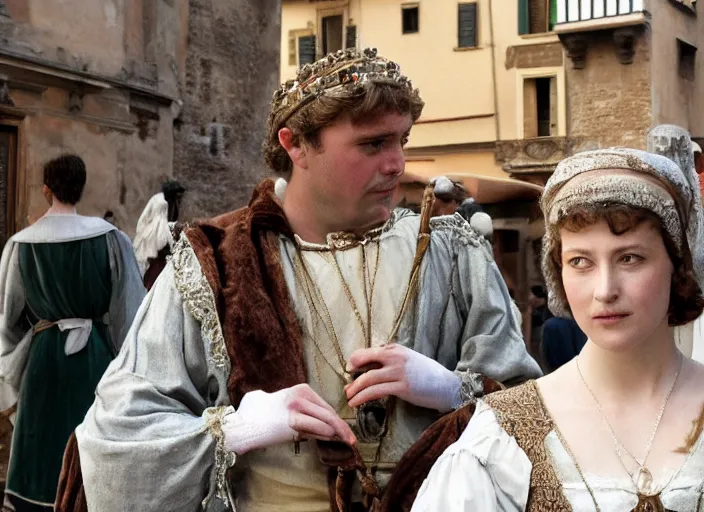 Prompt: street scene from a 2 0 1 0 film set in 1 4 5 0 florence italy showing a young noblewoman in closeup