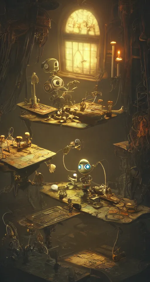 Prompt: a beautiful tapestry of a dream, a small robot playing a game, ultra detailed, atmospheric, steampunk, moody, candles, characters from machinarium, by don bluth, trending on artstation, octane render, 8 k, ultra realistic