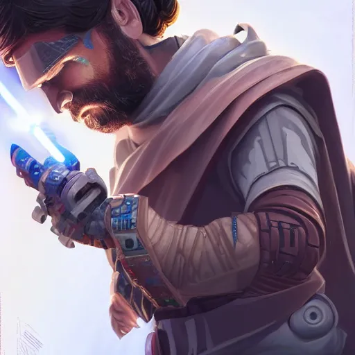 Image similar to bearded jedi building legos with prosthetic hands, star wars, legos, sci-fi fantasy,intricate,elegant,highly detailed, digital painting, artstation, concept art, Ultrarealistic illustration