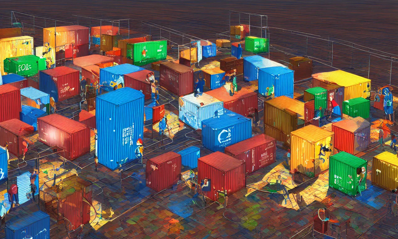 Prompt: podman run, exec, broken containers, 3 d art, digital illustration, perfect lighting