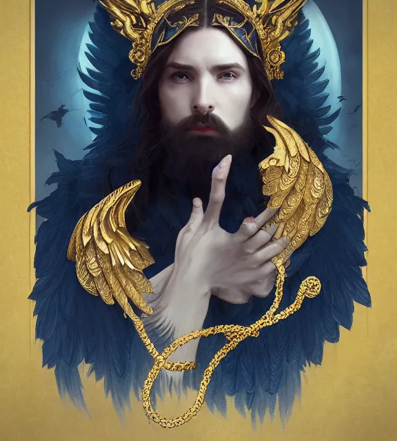 Image similar to god of death, young male, in the underworld, elegant dark blue dress, very detailed, throne, very intricate details, jewelry, gold eyeshadow, elaborate long black hairstyle, wings, cinematic, artstation, william bouguereau, alphonse mucha, greg rutkowski, rossdraws, octane render