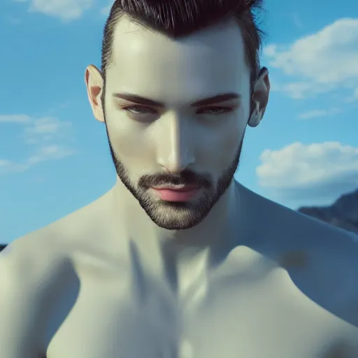 Image similar to man in blue, avant-garde art, deco fashion, highly detailed, photorealistic upper body portrait, serene desert setting, bright sun light, crisp quality and light reflections, unreal engine 5 quality render