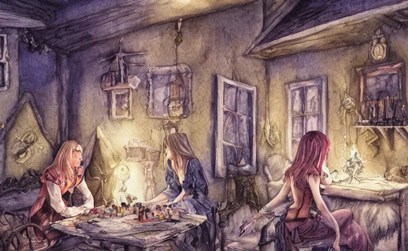 Prompt: women in the interior of a witches magical cottage, Milo Manara, night time, Margot Robbie, Scarlett Johanson, zoey Deschannel, smoking cigarettes, playing board games, highly detailed, pencil and watercolor, Tarantino movie posters, melancholy, level design, concept art, artstation, cgsociety, zenith view