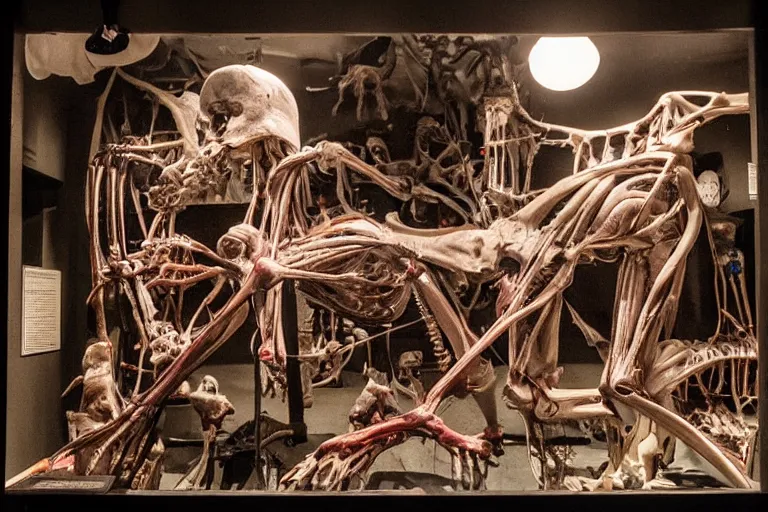 Prompt: inside a museum, a room where anatomical body parts are piece of arts by Rob Bottin at night, filth and grim, very detailed, ultra realistic photography, grainy image, close up 50mm lens Kodak 5219