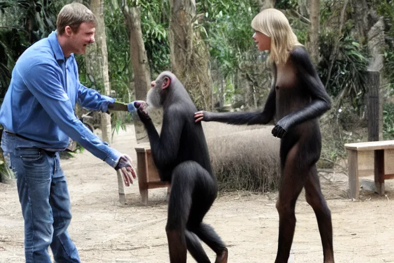 Image similar to Taylor Swift shaking hands with a chimpanzee