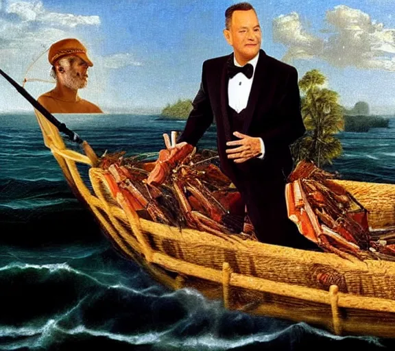 Image similar to Tom hanks as forrest gump fishing for shrimp in a giant shrimp boat, realistic face, renaissance painting, amazing detail