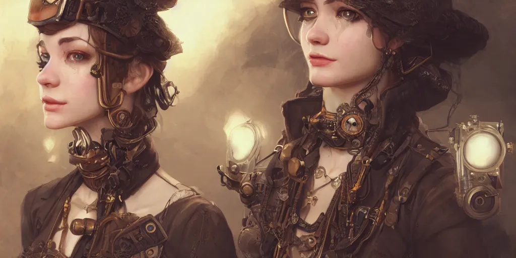 Image similar to steampunk portrait, au naturel, hyper detailed, digital art, trending in artstation, cinematic lighting, studio quality, smooth render, unreal engine 5 rendered, octane rendered, art style by klimt and nixeu and ian sprigger and wlop and krenz cushart.