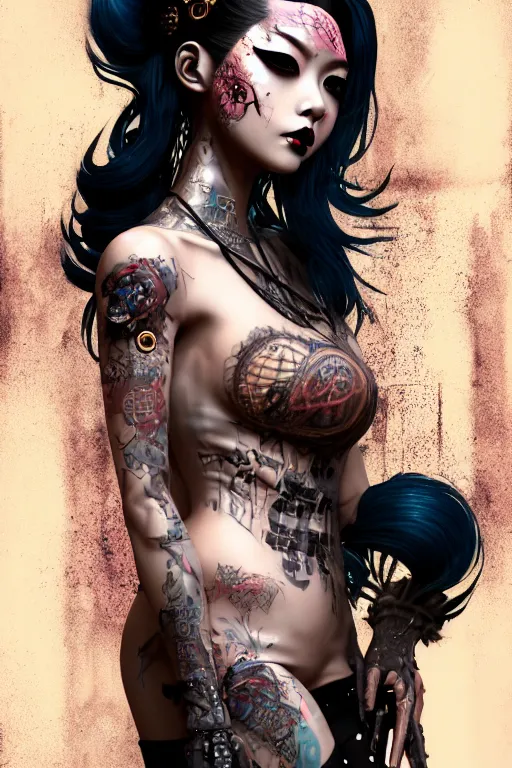 Image similar to soft lustrous ebony asian geisha yakuza biotech raver gutter punk gothic cyborg, cyberpunk city, urban decay, decay, golden ratio, details, scifi, fantasy, cyberpunk, intricate, decadent, highly detailed, digital painting, octane render, artstation, concept art, smooth, sharp focus, illustration, art by artgerm, loish, wlop