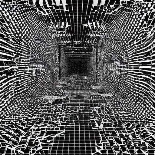 Prompt: defragmentation ( becoming whole with the glitch inside ), in the style of hiroya oku and ikeda and stanley kubrick, black and white, photorealistic, epic, super technical, 3 d render