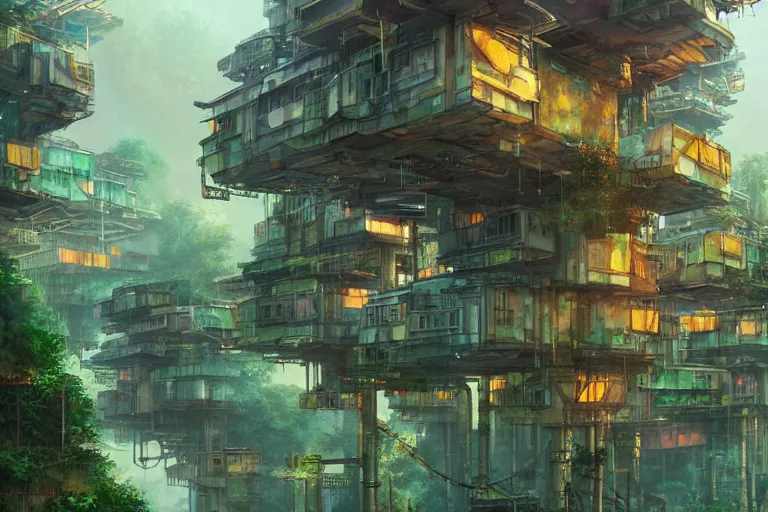 Image similar to solarpunk kowloon walled forest city, still from studio ghibli anime movie, cyberpunk tree house, digital art, artgerm, trending on artstation