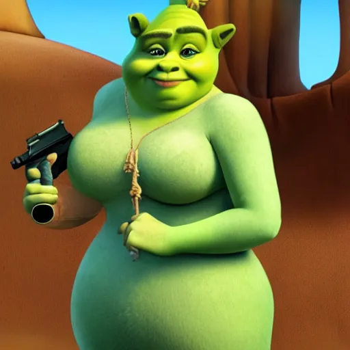 Prompt: fiona from shrek holding a gun