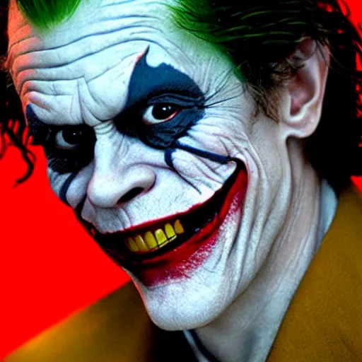 Image similar to Willem Dafoe as The Joker, film still from The Dark Knight, detailed, 4k