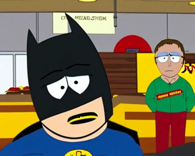 Prompt: batman working at mcdonalds, on an episode of south park, cdx