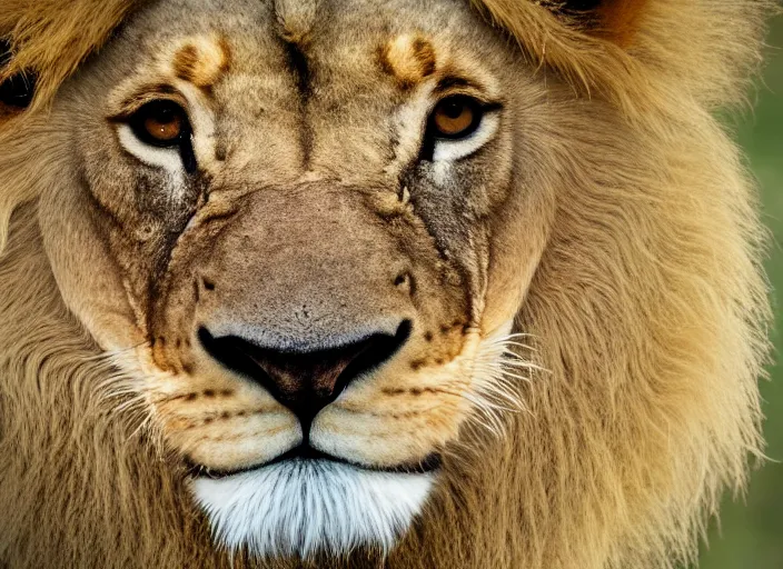 Image similar to a closeup, 4 5 mm, detailed photograph of real lion head dwarf in savana, beautiful low light, savana background, 4 5 mm, by franz lanting