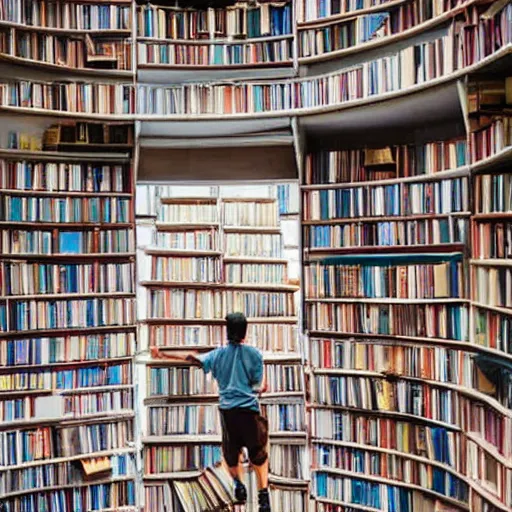 Prompt: a person climbing up a giant stack of books