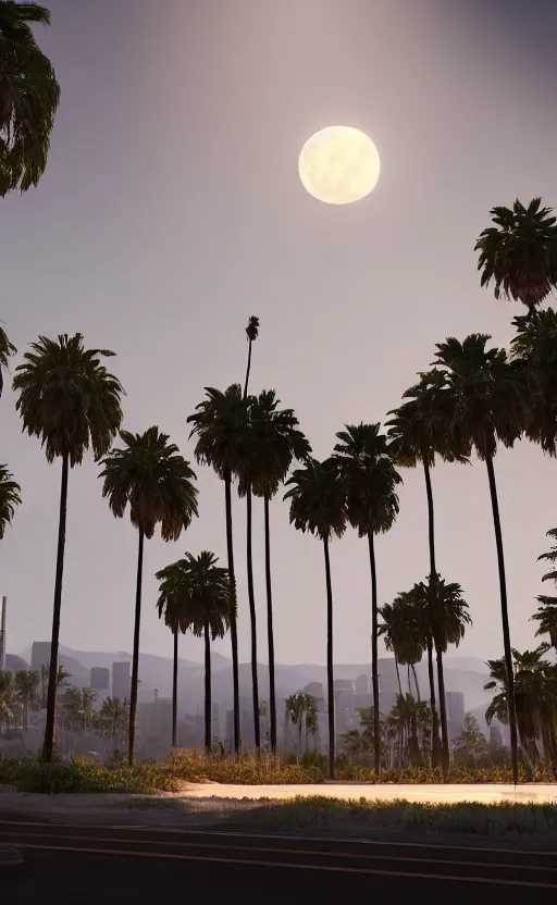 Prompt: a unreal engine scene, los angeles, palms, full moon, concept art, hyperrealistic, trending on artstation, high quality, highly detailed, path traced, soft lighting, soft colors, digital art, 8 k hdr, octane render, unreal engine 5,