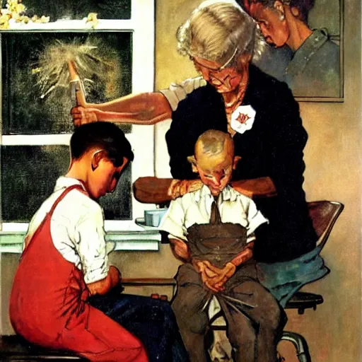 Image similar to A proud mother cutting her son's hair artwork by Norman Rockwell