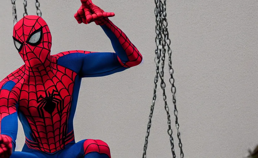 Prompt: Spiderman sad sitting in on a swing in front of his home, 8k