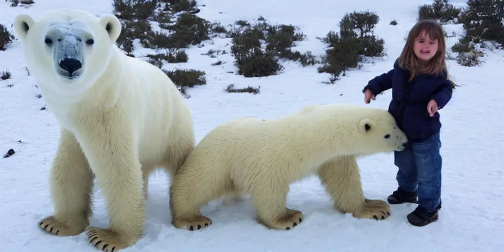 Image similar to A girl and the most honest and cutest polar bear in the world