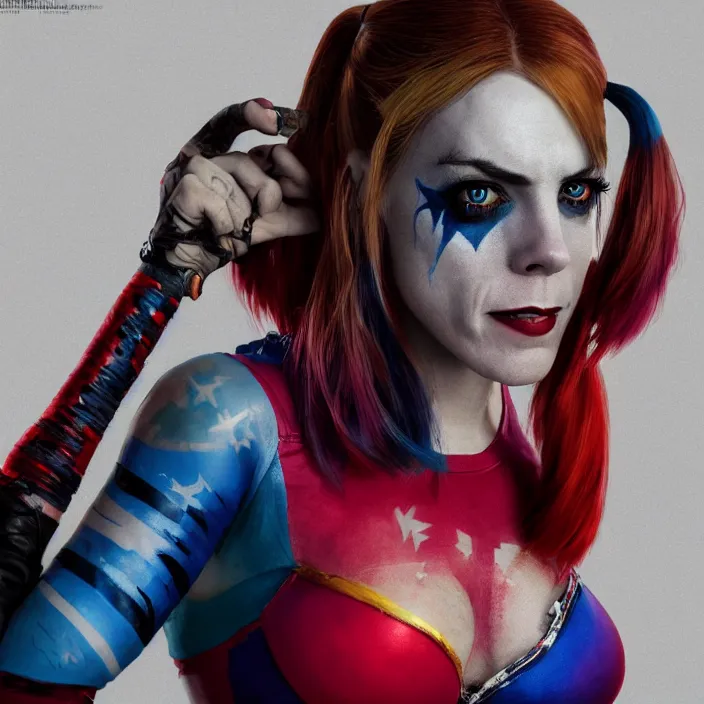 Image similar to portrait of Melanie C as a harley quinn in Suicide Squad. intricate artwork. by wlop, octane render, trending on artstation, very coherent symmetrical artwork. cinematic, hyper realism, high detail, octane render, 8k