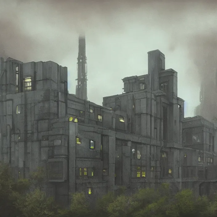 Image similar to a building in a serene landscape, dieselpunk